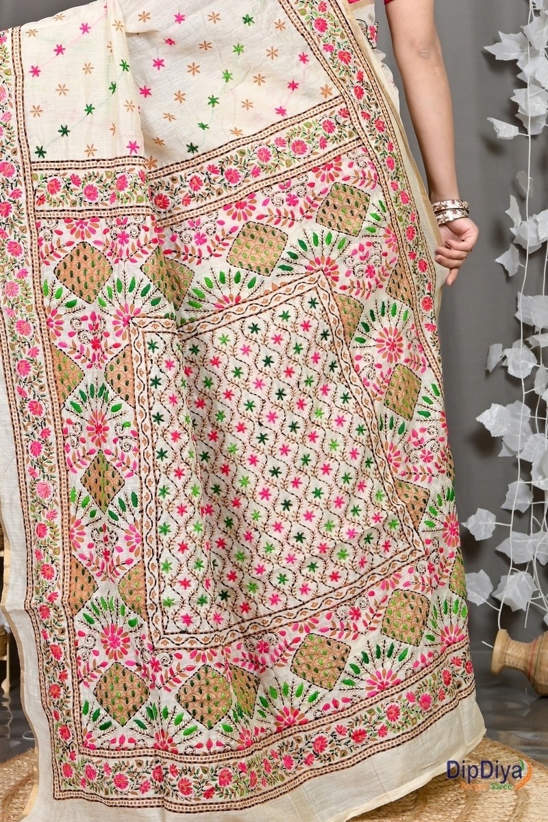 White Cotton Varitikath Kantha Stitch Saree (594)